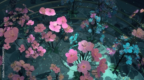 Dreamy floral illustration of pink and blue blossoms glowing in the dark, magical garden concept. Perfect for fantasy art, wallpapers, and serene designs. in flat design style