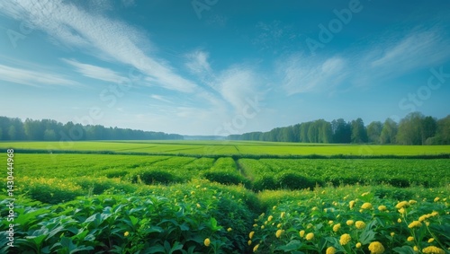 Vivid spring landscape with blooming flowers and lush green grass