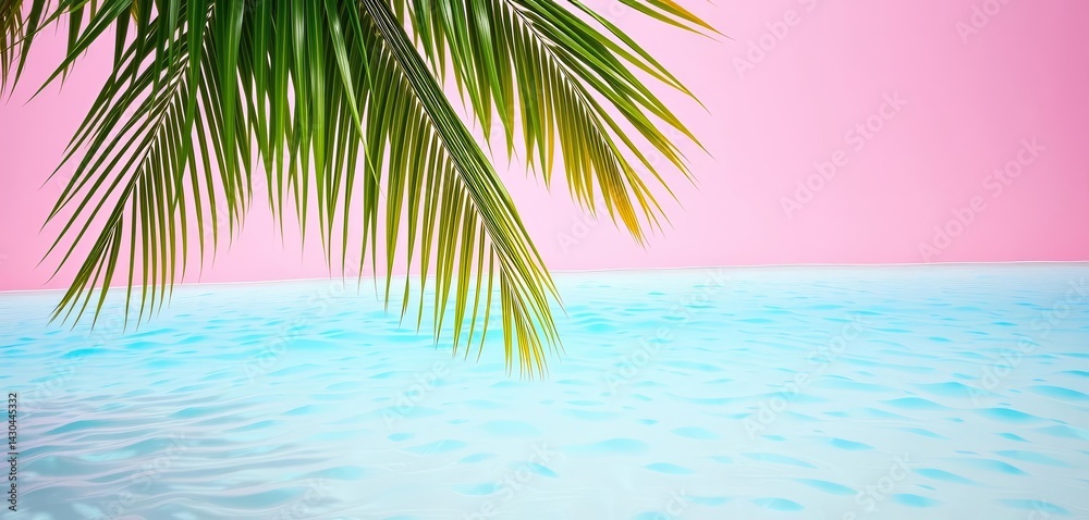 Fototapeta premium Pink wall, palm leaves, turquoise water, minimal tropical beach scene, sun, turquoise