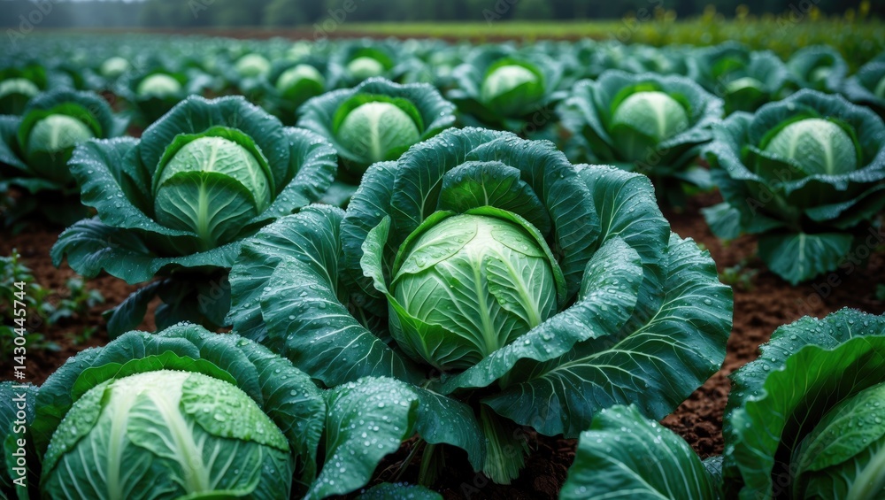 Obraz premium Wet cabbage heads in the field after rain on an overcast day