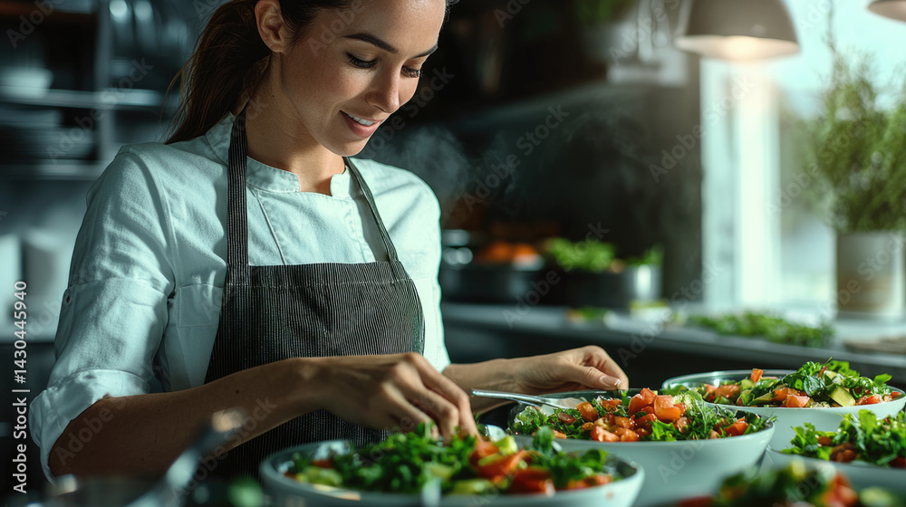 woman in apron is preparing fresh salads in modern kitchen, showcasing her culinary skills and passion for healthy cooking. atmosphere is warm and inviting
