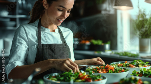 Obraz na płótnie woman in apron is preparing fresh salads in modern kitchen, showcasing her culinary skills and passion for healthy cooking. atmosphere is warm and inviting w salonie