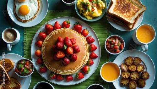 Wallpaper Mural Top view of a delicious breakfast table featuring pancakes, eggs Benedict, toast, and coffee with a beautiful food and drink background. Torontodigital.ca