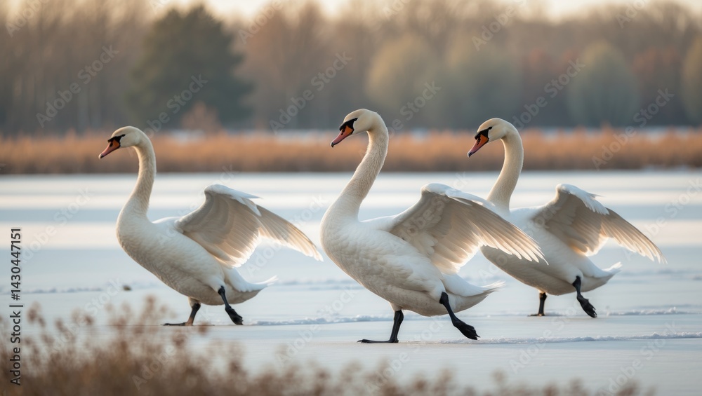 Fototapeta premium Winter scene of Whooper Swans (Cygnus cygnus) in a frozen meadow during coldest days