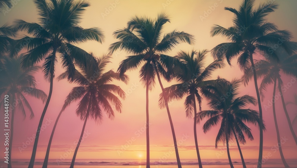 Silhouetted palm trees against a tropical beach backdrop Silhouetted palm trees against a tropical beach backdrop