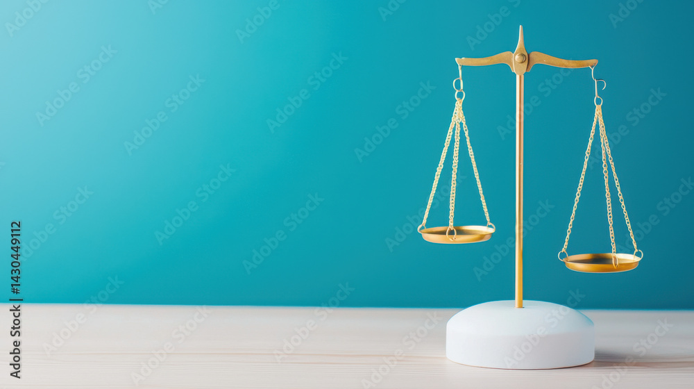 Golden scales of justice stand gracefully on a white surface against a vibrant teal background, symbolizing fairness and equilibrium within the legal system. Golden scales of justice stand gracefully on a white surface against a vibrant teal background, symbolizing fairness and equilibrium within the legal system.