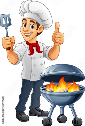 A chef cartoon barbecue cook out brazier cook man giving thumbs up and holding a BBQ spatula mascot character illustration
