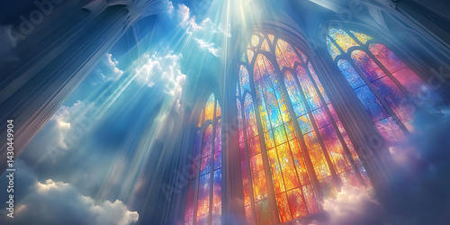 Heavenly Light Through Stained Glass and Clouds Wallpaper Background for Spiritual Concepts, Inspirational Art, or Ethereal Designs