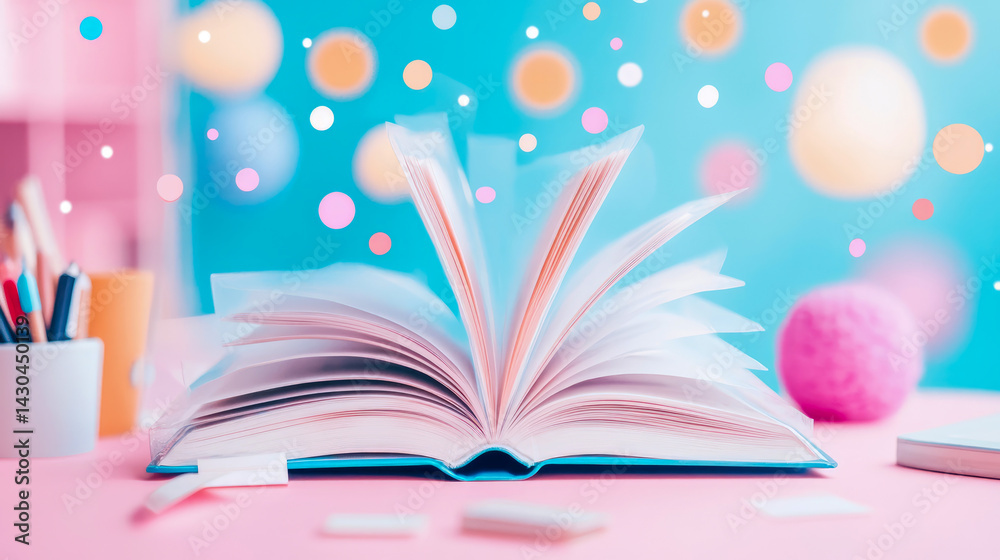 Open book on bright table with bokeh. Back to school concept for learning, education, knowledge, study, reading and book fair print Open book on bright table with bokeh. Back to school concept for learning, education, knowledge, study, reading and book fair print
