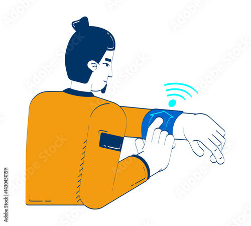 Smart home app for smartwatch doodle cartoon illustration. Man interacting with wearable device on wrist, IoT remote control 2D flat character isolated on white. Doodleart hand-drawn drawing colorful