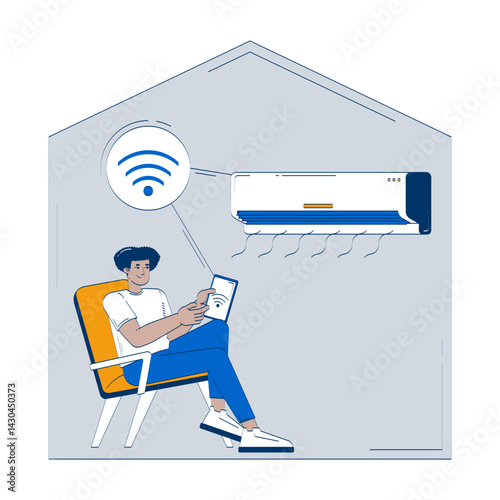 Smart home Wi-Fi air conditioner doodle illustration concept. Indoor cooling IoT. Latino man controlling AC appliance via wifi tablet cartoon 2D character isolated on white. Hand drawn vector metaphor