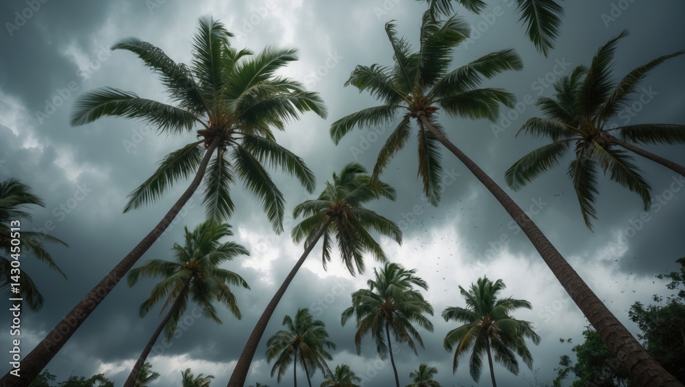 Storm and harsh weather cause coconut palms and palm leaves to bend Storm and harsh weather cause coconut palms and palm leaves to bend