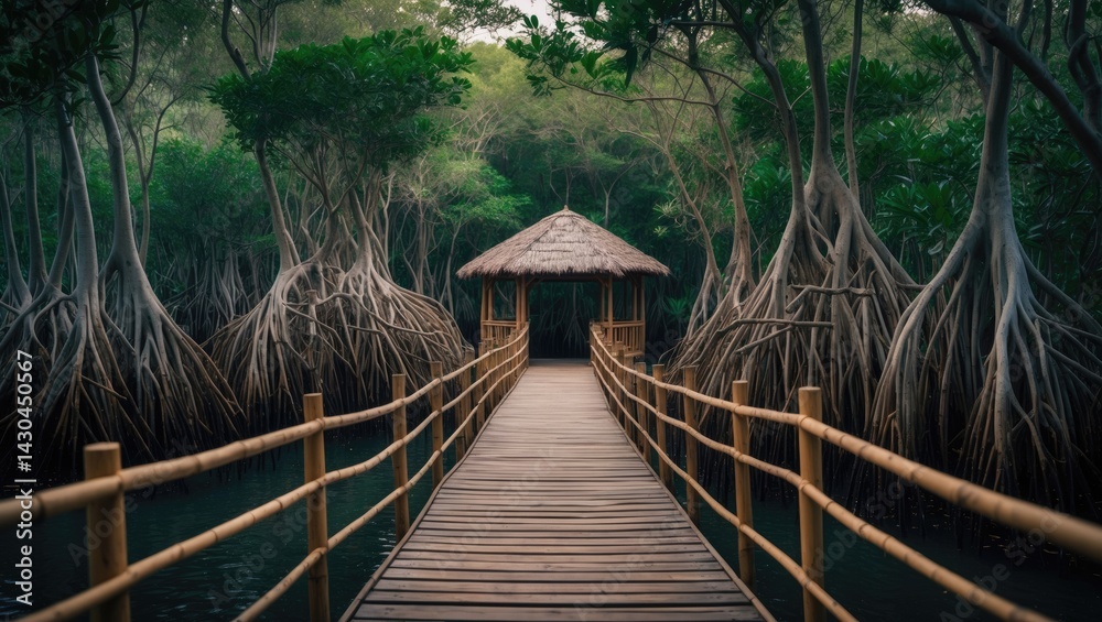 Fototapeta premium Pathway with bamboo fencing guiding to a vintage-style hut in a lush landscape