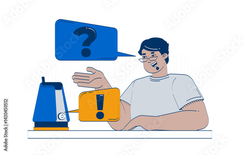 AI voice assistant device doodle cartoon illustration. Virtual helper. Arab man interacting with smart speaker technology 2D flat character isolated on white. Doodleart hand-drawn drawing colorful