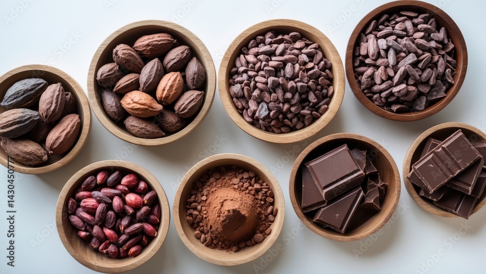 Chocolate and cocoa ingredients arranged in wooden bowls with cocoa beans and chocolate bars, flat lay on background. Chocolate and cocoa ingredients arranged in wooden bowls with cocoa beans and chocolate bars, flat lay on background.