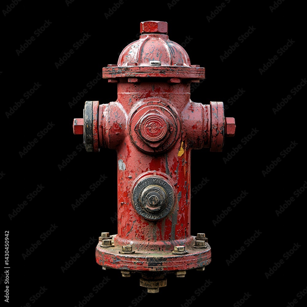 Fototapeta premium A weathered red fire hydrant stands out against a black background.