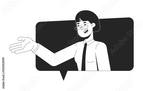 Asian female executive speaking in chat bubble 2D line character. Cheerful korean woman manager in dialogue, communication isolated vector ink outline person. Monochromatic spot illustration