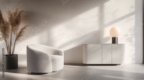 Minimalist living room showcasing a curved armchair and a sleek cabinet.