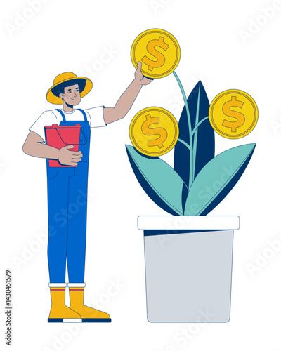 Latino man farmer growing coin plant 2D cartoon character. Nurturing financial investment. Gardener tending sprouting money in pot flat vector person isolated on white. Spot illustration colorful