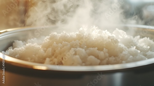A rice cooker steaming with freshly cooked white rice

