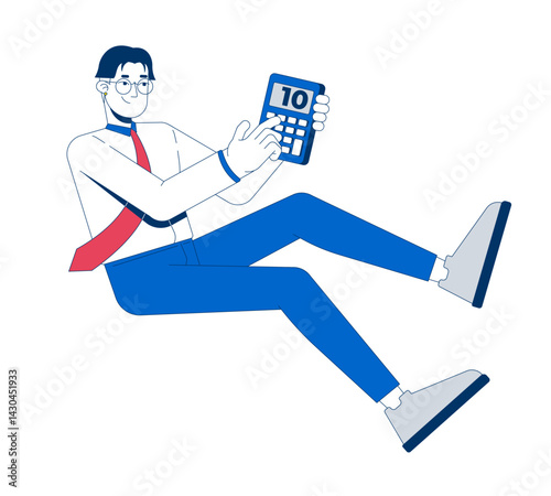 Floating asian male accountant with calculator 2D cartoon character. Financial analysis. Accounting man calculating budget money flat vector person isolated on white. Spot illustration colorful