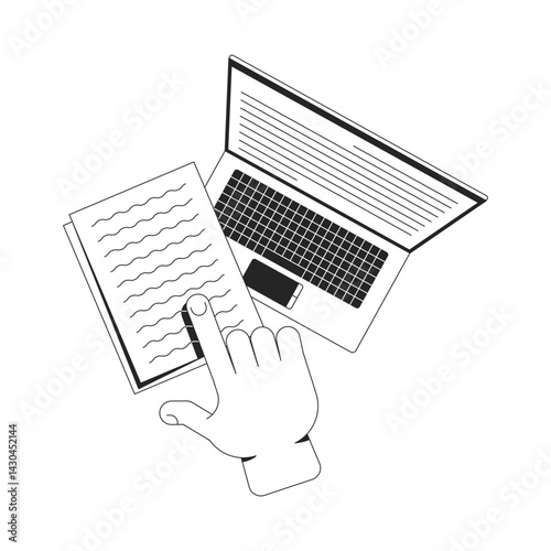 Study data line onboarding ui illustration. Document processing, digitization. E-learning. Finger pointing at paperwork with laptop outline 2D concept isolated. Ink linear metaphor vector art