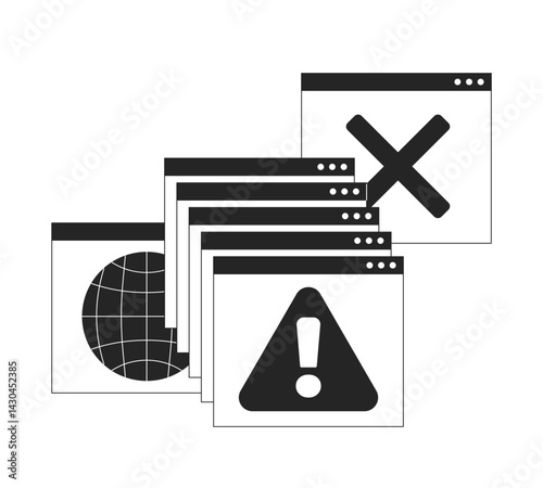 System error alert popups line onboarding ui illustration. Connectivity problems. Software crash, failed. Warning browser windows outline 2D concept isolated. Ink linear metaphor vector art
