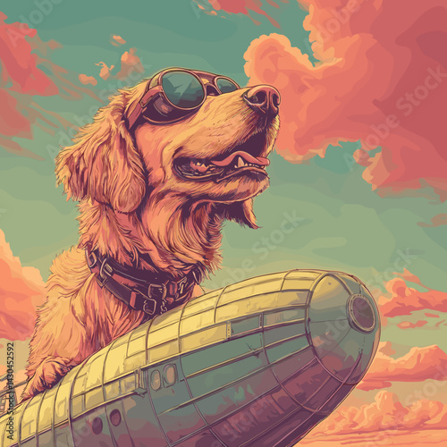 Cartoon vector illustration of a Golden Retriever in pilot glasses standing on top of a vintage airship gondola with pastel sky

