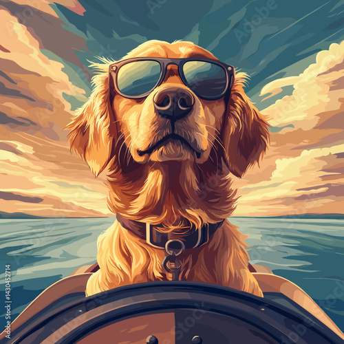 Cartoon vector illustration of a Golden Retriever in pilot glasses standing on top of a vintage airship gondola with pastel sky
