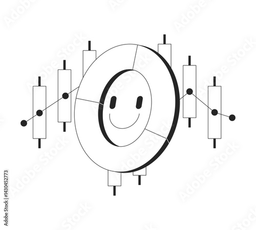 Positive donut piechart and candlestick chart data line onboarding ui illustration. Visual metrics. Happy report. Optimistic analytics outline 2D concept isolated. Ink linear metaphor vector art
