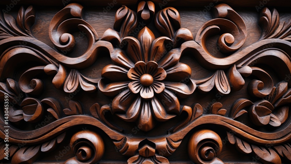 Close-up of Wooden Carving with Floral Pattern and Gold Accents Close-up of Wooden Carving with Floral Pattern and Gold Accents