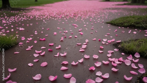 Cherry blossom petals dispersed across a park garden following the rain