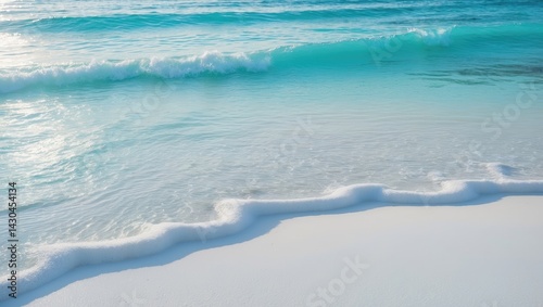 Fototapeta Naklejka Na Ścianę i Meble -  Stunning white sand beach with blue ocean waves and scenic island backdrop