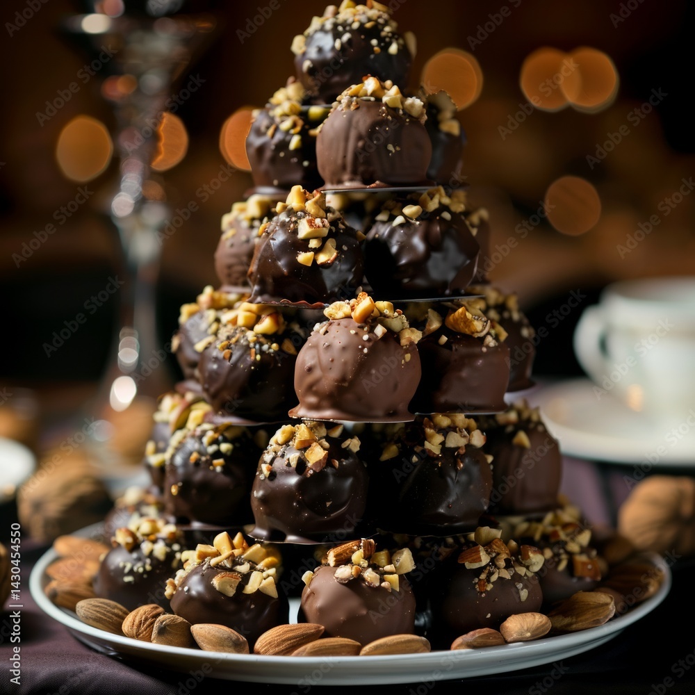 A pyramid-shaped arrangement of truffle-like desserts displayed elegantly