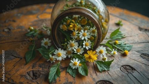 Rustic wooden table with a jar of dried chamomile tea leaves