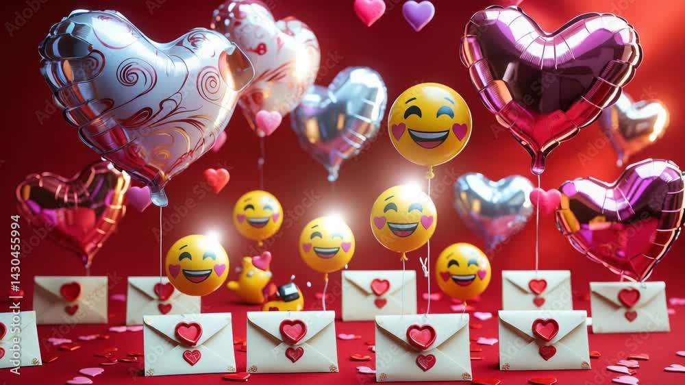 Valentine's Day celebration featuring heart balloons, love emojis, and envelopes with romantic symbols in festive red animation