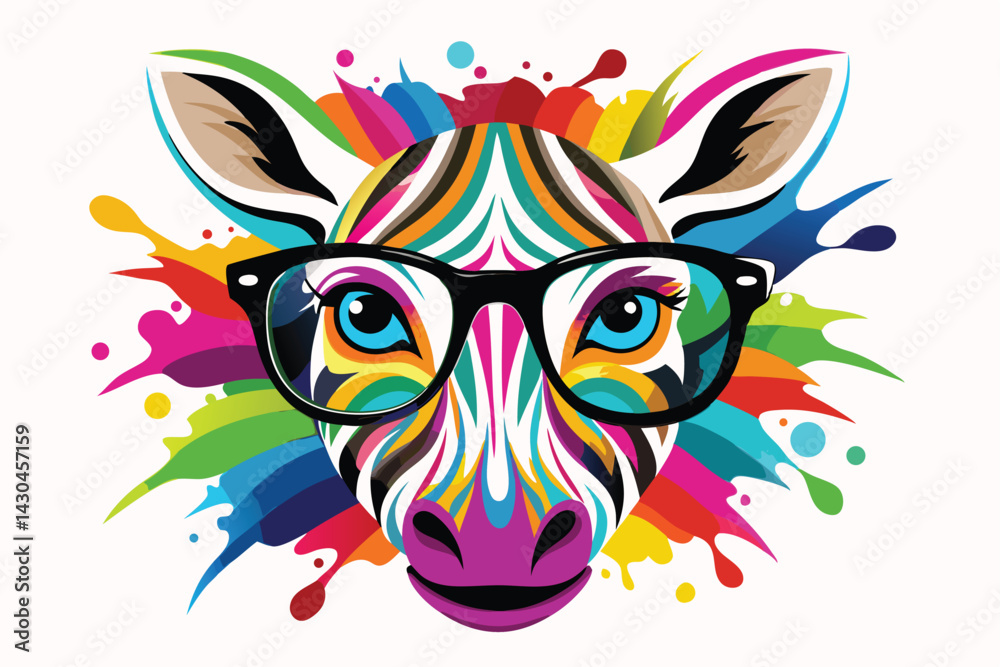 Naklejka premium A zebra wearing sunglasses and a colorful striped face. Cartoon colorful zebra with sunglasses on white background.