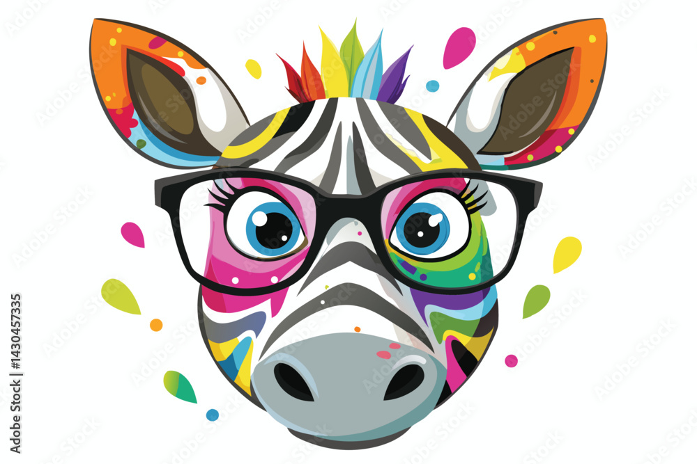 Fototapeta premium A zebra wearing sunglasses and a colorful striped face. Cartoon colorful zebra with sunglasses on white background.