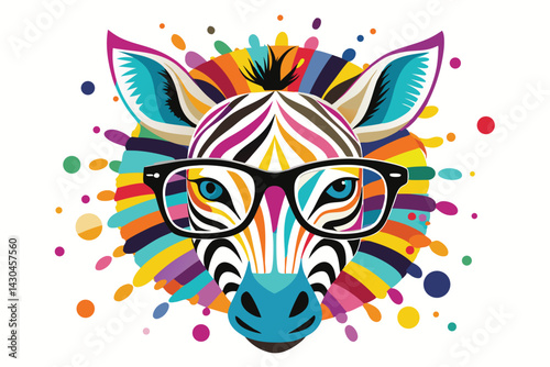 A zebra wearing sunglasses and a colorful striped face. Cartoon colorful zebra with sunglasses on white background.