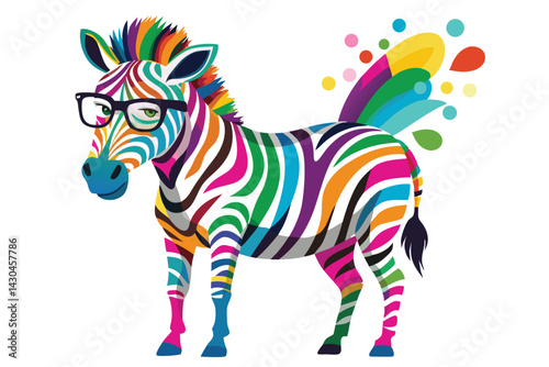A zebra wearing sunglasses and a colorful striped face. Cartoon colorful zebra with sunglasses on white background.