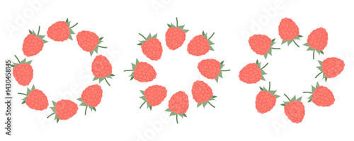 Cute raspberry frames. Collection of round berry borders for design and decoration. For invitations, food packaging, summer cards and natural product branding.