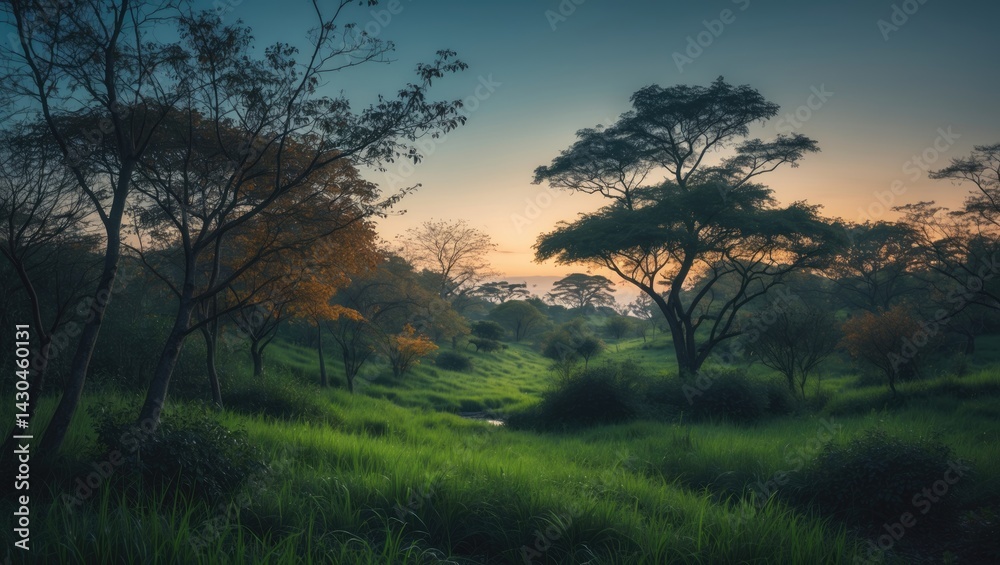 Serene evening scene featuring lush green foliage, wild trees, and peaceful grasslands illuminated by gentle ambient light Serene evening scene featuring lush green foliage, wild trees, and peaceful grasslands illuminated by gentle ambient light