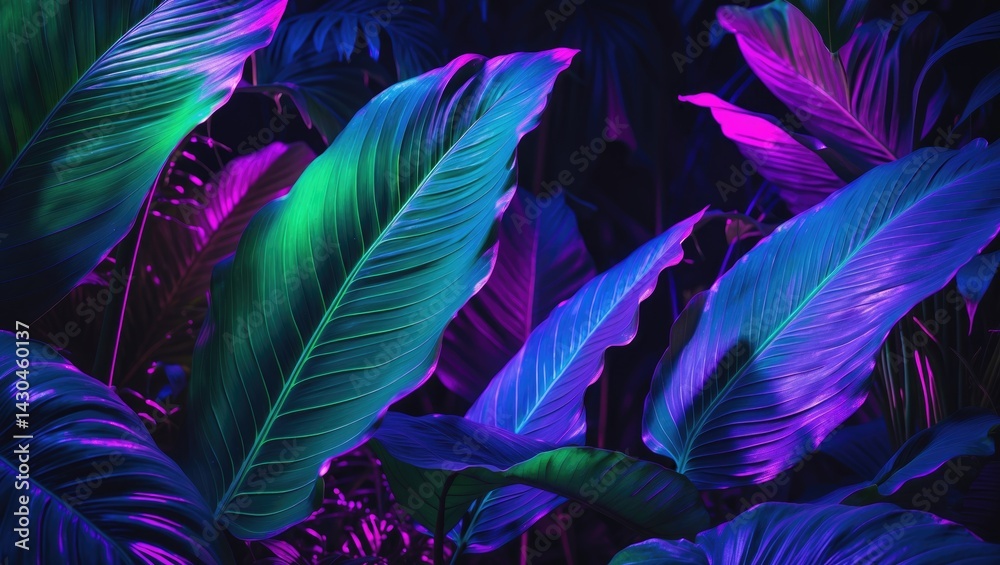 Fototapeta premium Neon botanical poster featuring pink and purple tropical leaves