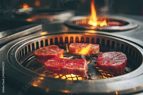 Fresh beef steaks on a hot grill photo