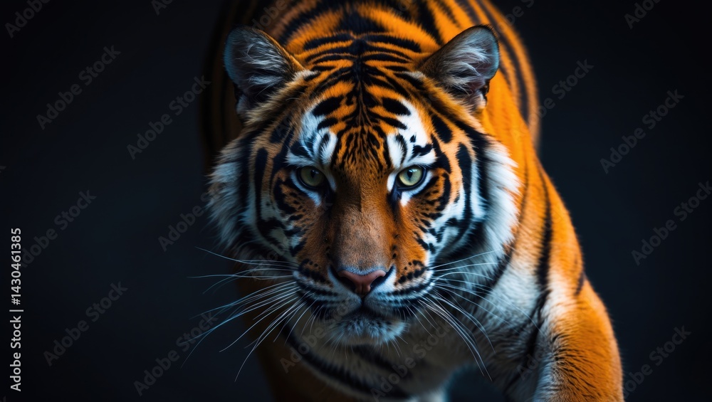 Naklejka premium Close-up of a fierce tiger's face with intense gaze against a dark background
