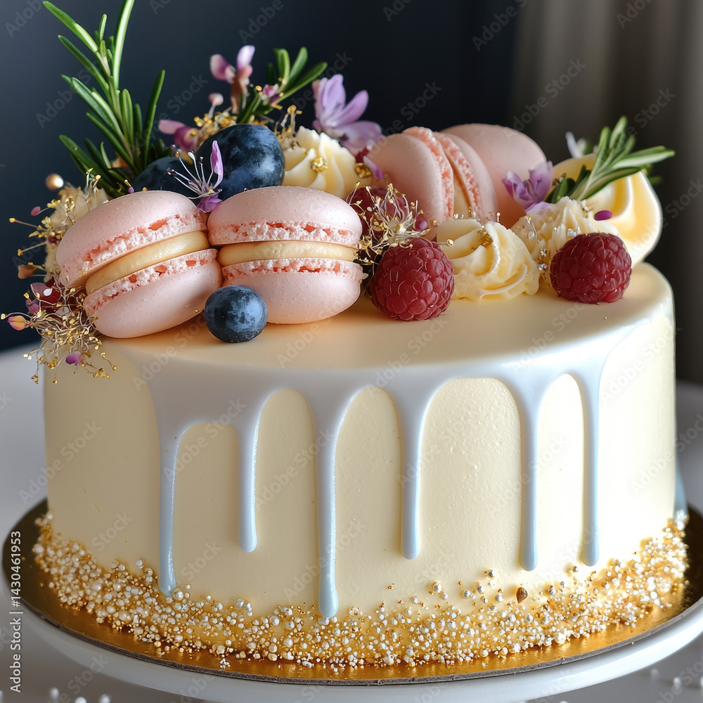 beautifully decorated cake featuring pink macarons, fresh berries, and delicate floral accents, exuding elegance and charm, perfect for celebrations and special occasions