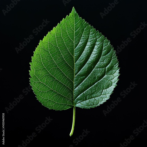 Close-up of a vibrant green leaf against a black background, showcasing intricate details.