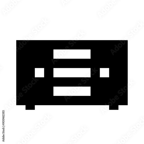 A minimalist pixel art depiction of a black cabinet with white drawers and simple rectangular legs design