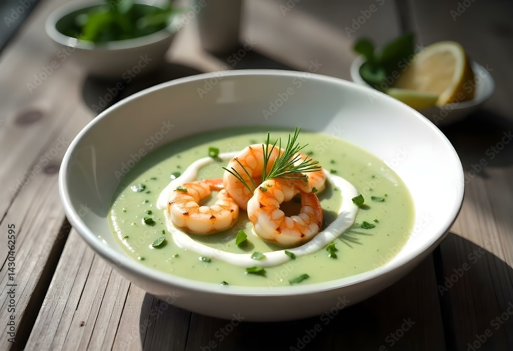 spinach cream soup with shrimp in a white bowls spinach cream soup with shrimp in a white bowls