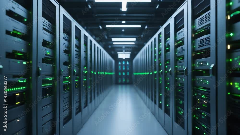 Corridor lined with rack cabinets in a data center